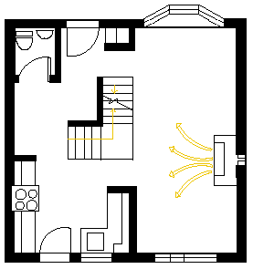 Open Design Concept with Direct-Vent Fireplace on Outside Wall